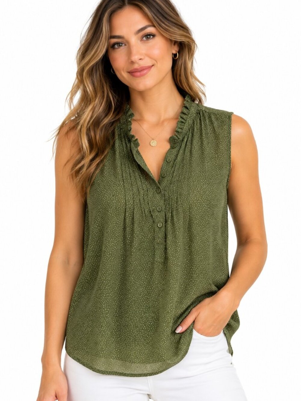 Adrianna Papell Blouse Green Polka Dot Sleeveless Ruffle Button Front Womens M